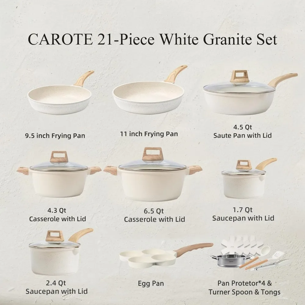 CAROTE 21Pcs Pots and Pans Set, Nonstick Cookware Sets, White Granite Induction Cookware Non Stick Cooking Set w/Frying Pans & S