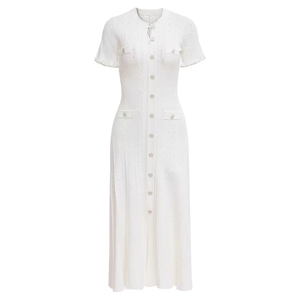 Summer Solid Round Neck Short Sleeved Office Lady Knitted Dress Women Korean Single Breasted Hollow Out Long Dress Fashion Trend