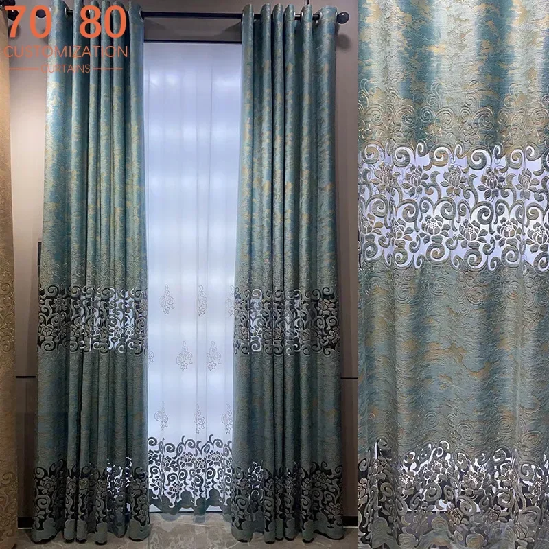 Customized French Beige Blue Hot Gold Velvet Hollowed Out Embroidered Window Window Balcony Curtains for Living Room Bedroom