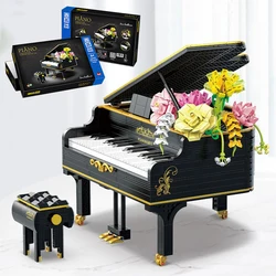 Creative Black Piano Pink Rose Bouquet Model Building Blocks Musical Instrument Construction Bricks Set Toys Children Adult Gift