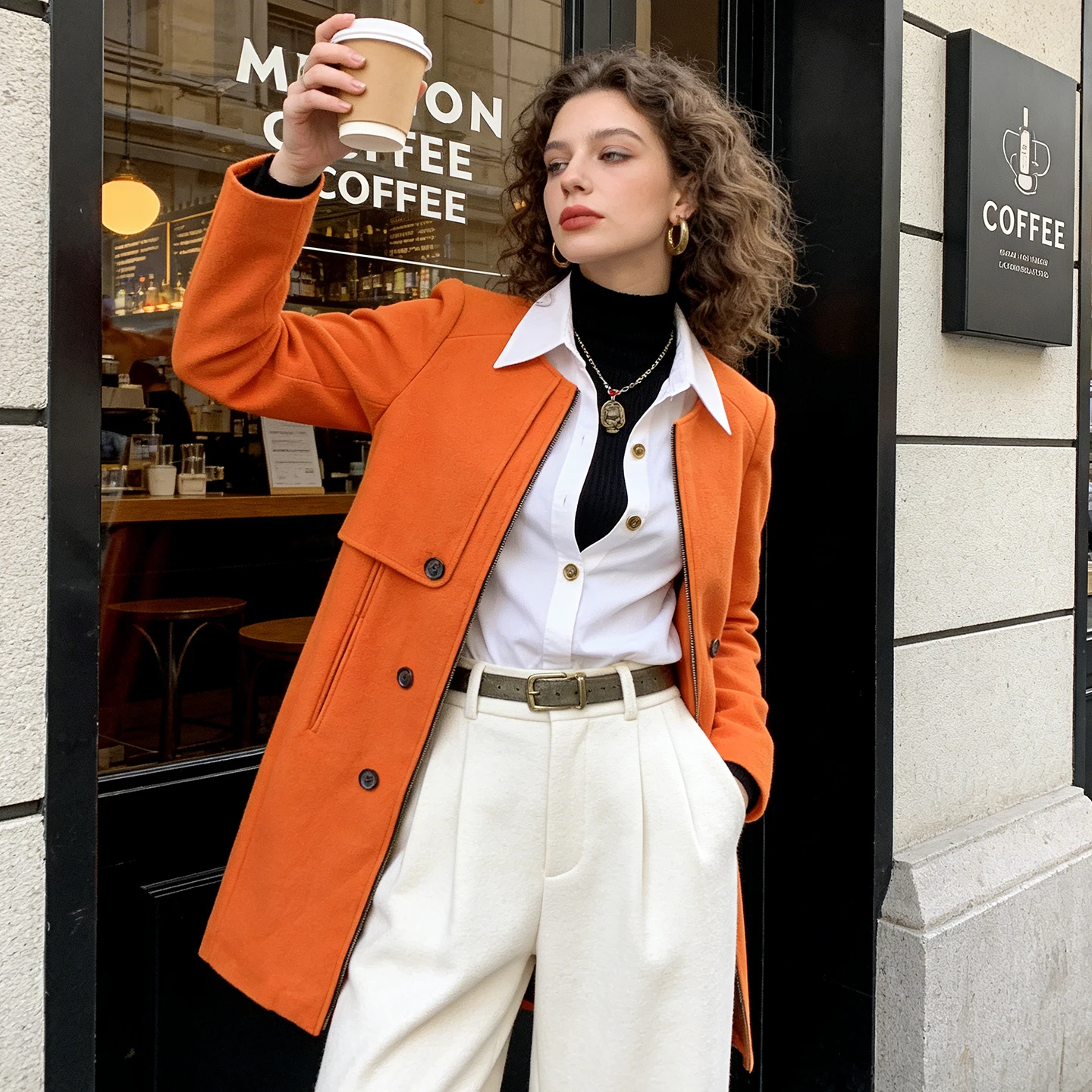 

Brand New Women's Woolen Coat Jacket round Neck Zipper Middle Length Motorcycle Style Casual Fashion Warm Outerwear Coat
