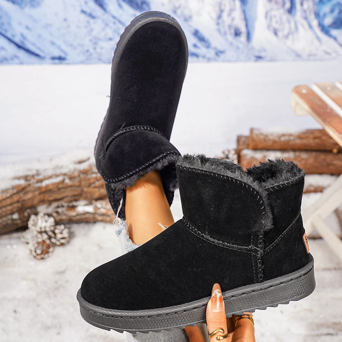 

Women Ankle Boots Fur Leather Fluff Lined Short Tube Boots Versatile Warm Cotton Winter Shoes Thick Bottom Snow Boots Women