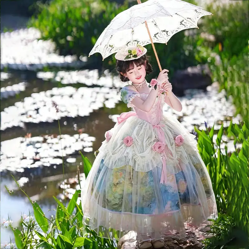 

Платье для девочек в стиле Лолита из серии «Масляная живопись», праздничное платье с оборками и ярусами, платье от кутюр, бальное платье, подарки на праздники