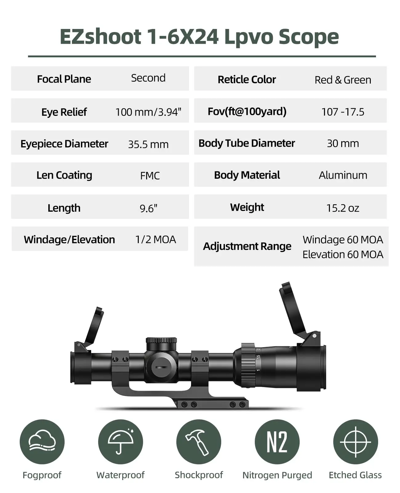 MidTen 1-6X24 LPVO Rifle Scope with 5 Levels Red & Green Illuminated Reticle, 30mm, Black Offset Scope Mount