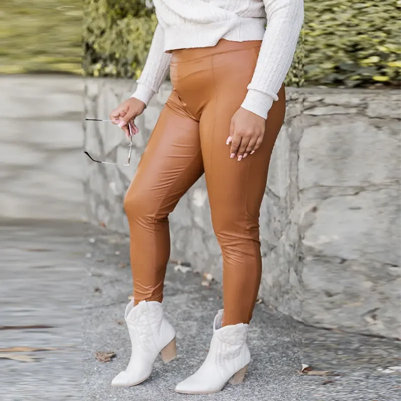 Coffee PU Matte Leather Pants for Women, High Waist Skinny Pants, Ladies Casual Fashion Pencil Pants, Customiz, Plus Size, 5XL