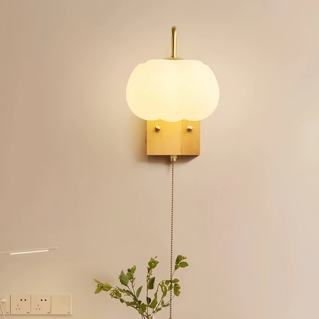 Pull Chain Curved Arm Cloud Shade Wall Sconce for Bedroom Bedside Entryway Cream Minimalist Warm Gentle Modern Home Decor