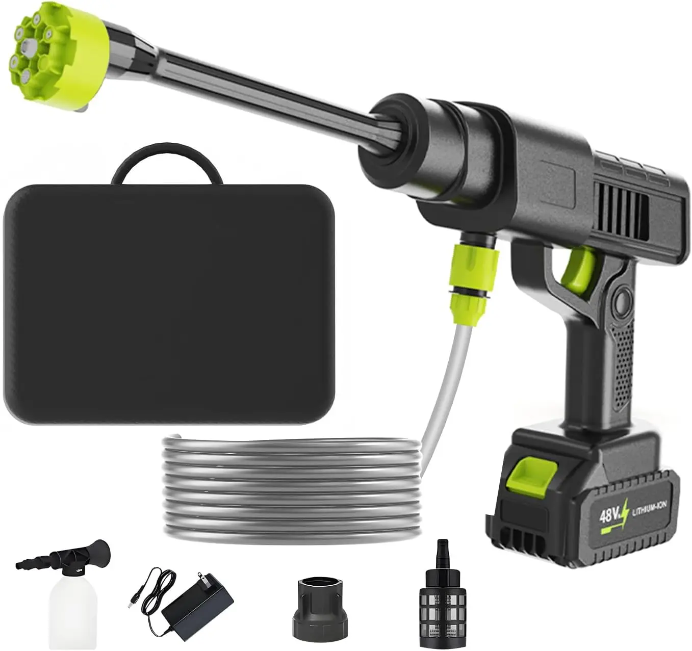 

Battery-Powered Pressure Washer, 990PSI, 10-Speed, 6-in-1 Nozzle, 16.4FT Hose, 21V Battery for Home, Car, Garden