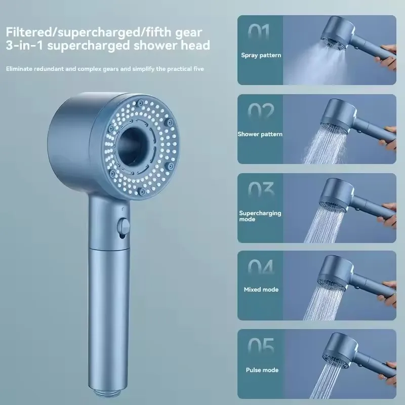 Cabezal de ducha 7 en 1, Panel grande de 5 modos, masaje de ahorro de agua de alta presión, filtro portátil, gancho de ducha, manguera, accesorios de baño