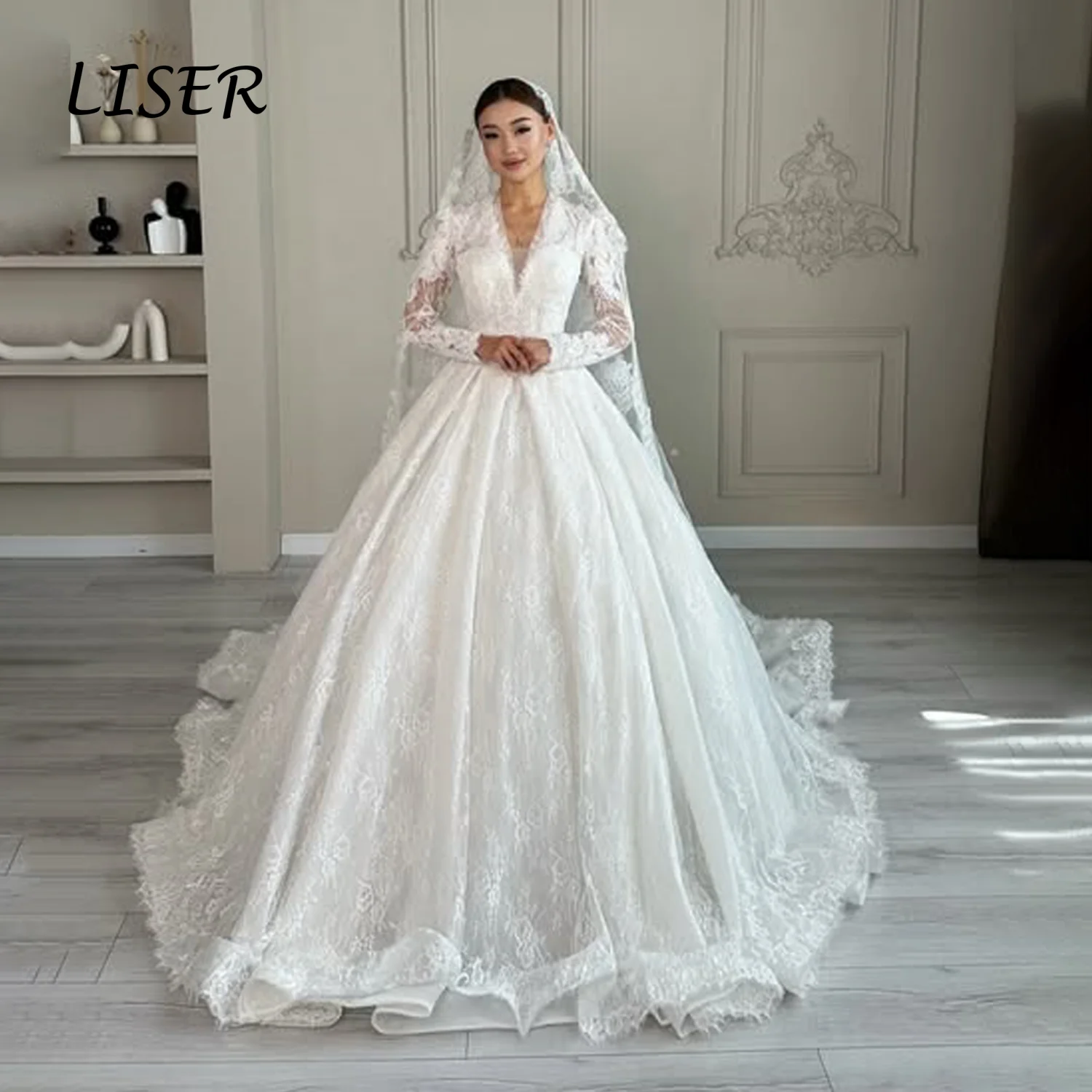Liser Customized Ivory V Neck Long Sleeve Full Lace Ball Gown Wedding Dress Flared Skirt Long Scalloped Train Matching Lace Veil