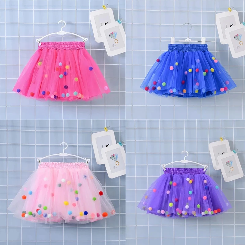 2024 New Arrival Infant Mulity Colorful Tulle Tutu Skirt Pom Pom Princess Mini Dress Children Clothing Pettiskirt Girl Clothes