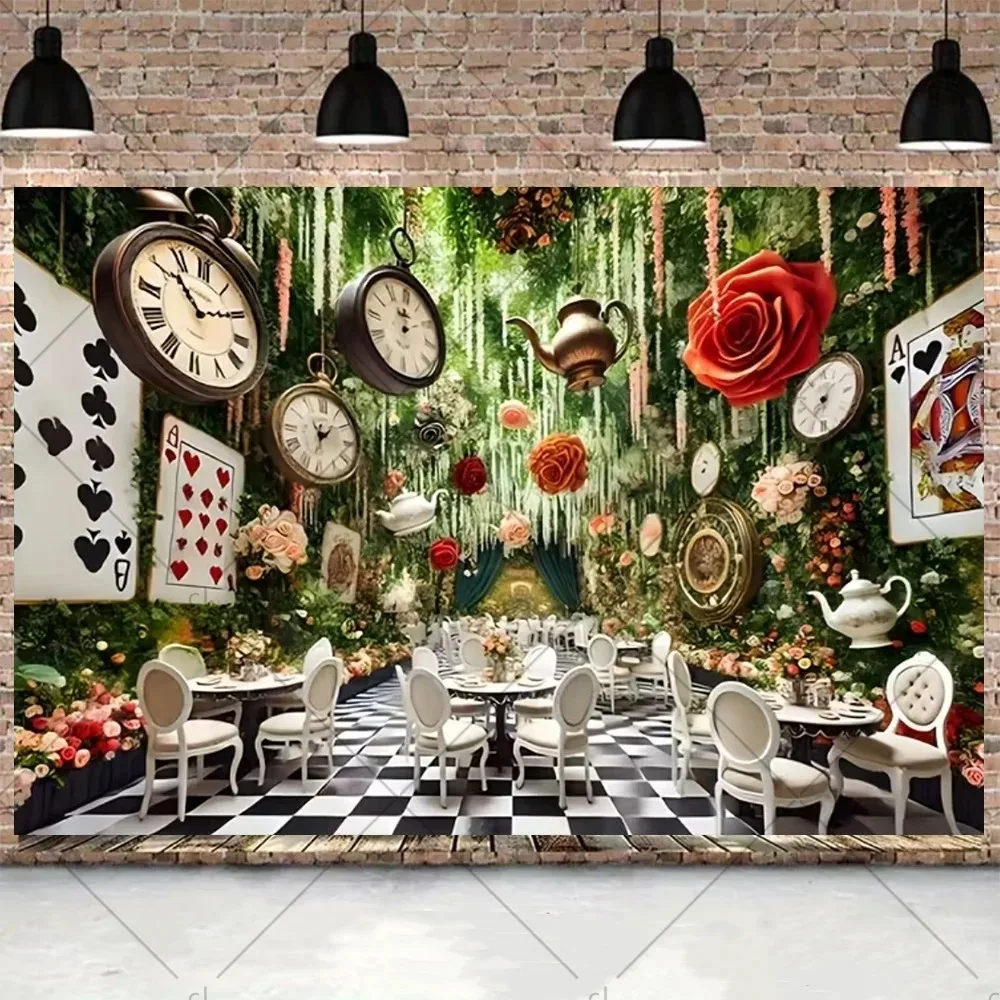 Alice's Adventures in Wonderland Birthday Party Banner Backdrop, Music Children's Birthday Party Decoration Photography Backdrop