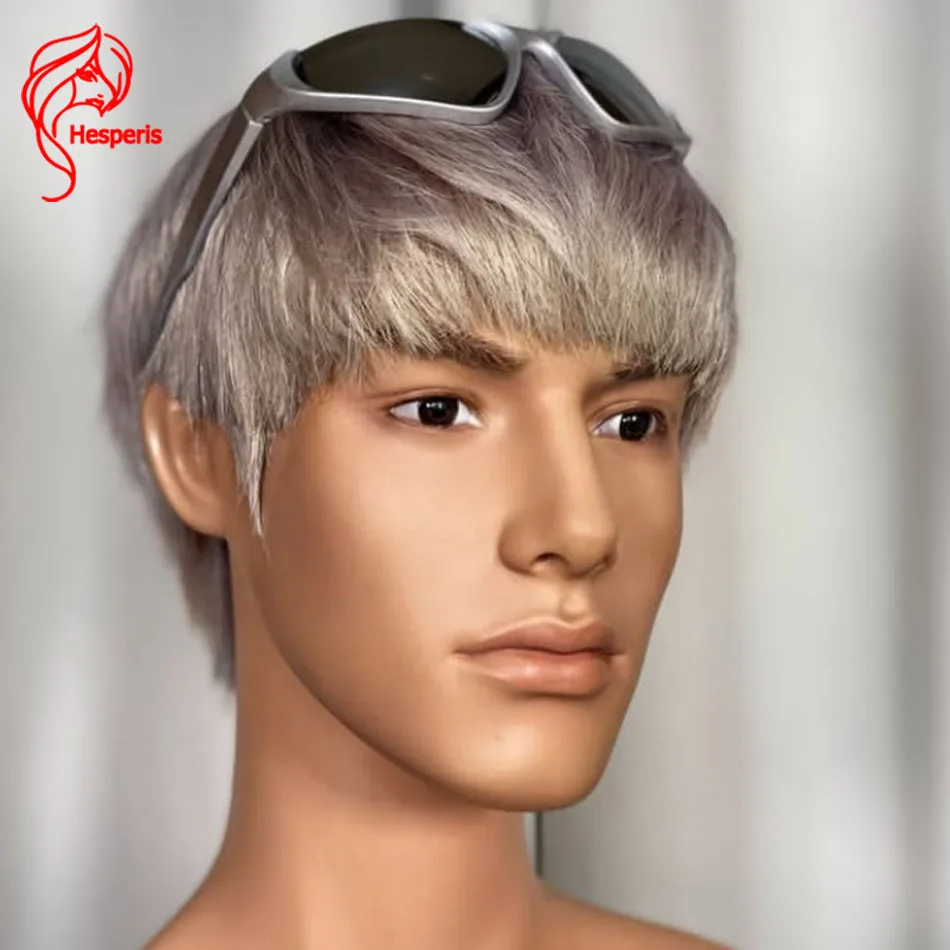 Hesperis pixie corte peruca dianteira do laço do cabelo humano com franja cor cinza peruca curta para masculino perucas de cabelo humano