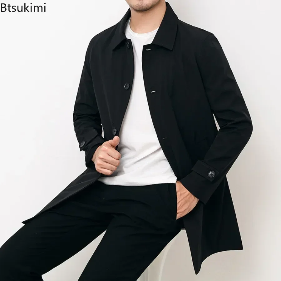 2025Men's Brand Trench Coats Business Casual Solid Color Mid-length Jackets Fashion Lapel Windbreaker Coats Male Outerwear Coats