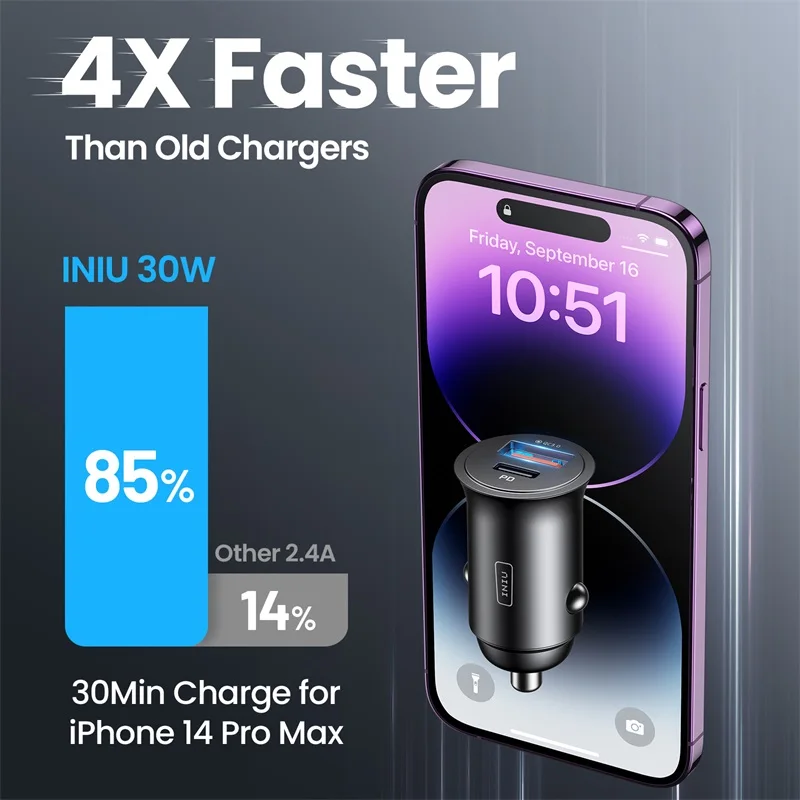 INIU 60W USB Car Charger 5A Type C PD QC Fast Charging Phone Adapter For iPhone 16 15 14 13 12 11 Pro Max Xiaomi Samsung etc