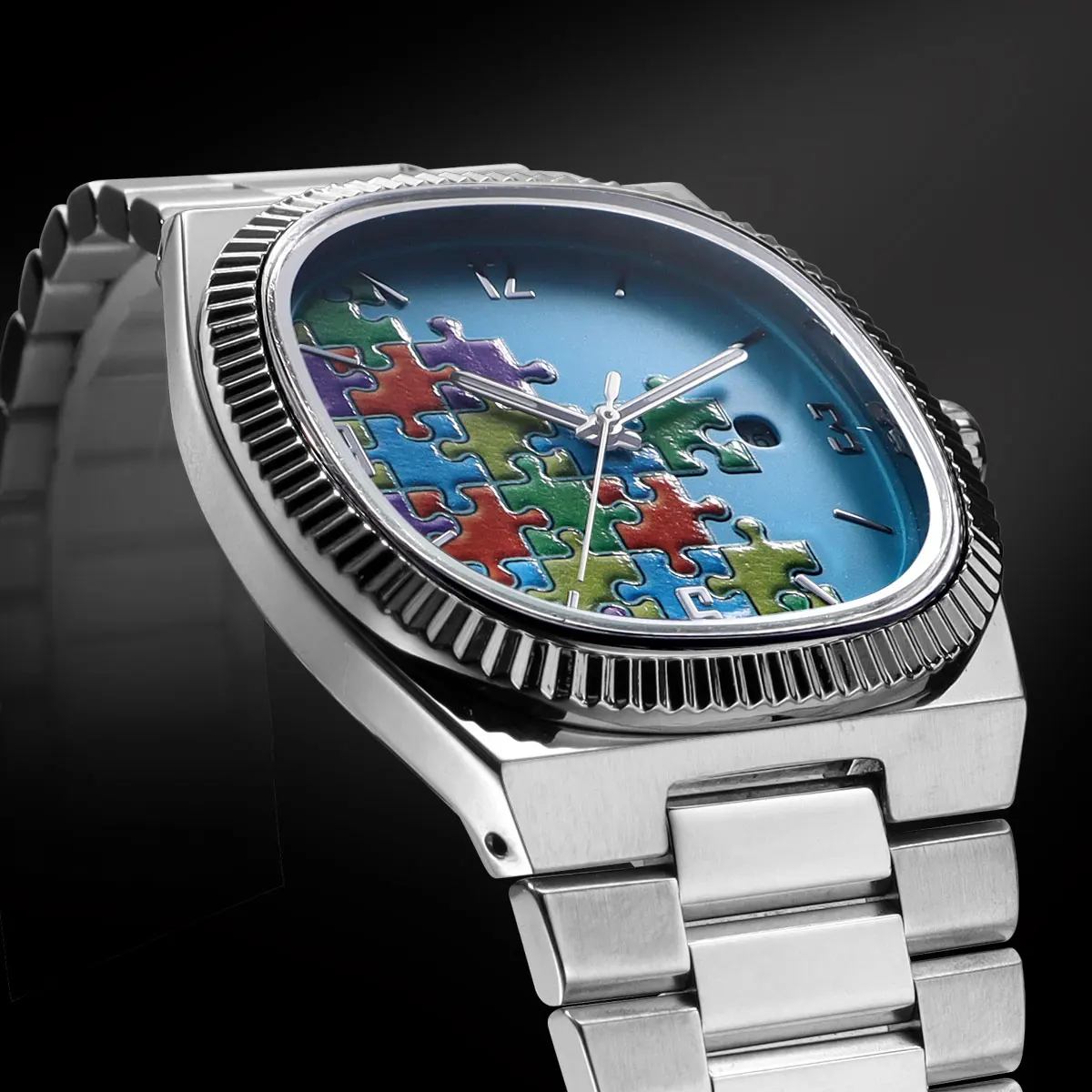 Trendy Cute Anime Style Men's Quartz Watch with Stainless Steel Bracelet Casual Wristwatch with Date Window Fashion Puzzle Dial