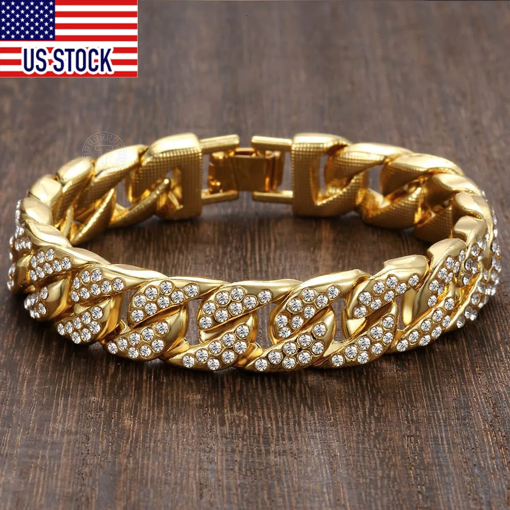 Davieslee 14mm 20cm Mens Bracelet for Women Jewelry Curb Cuban Chain Yellow Gold Color Paved Rhinestones GB403