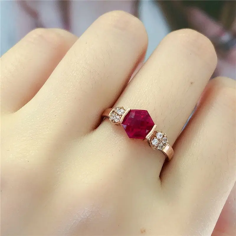 585 ouro roxo micro incrustado anéis de rubi hexagonal para mulheres moda banhado 14k ouro rosa anel vermelho ajustável jóias de banquete