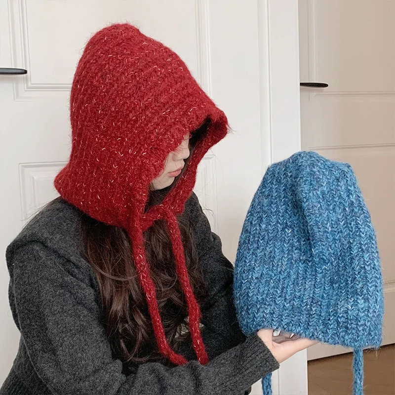 Women Knitted Wool Bomber Hat Winter 2025 Winter New Ear Protection Windshield Warm Pullover Hat Niche Thickened Beanie Cap