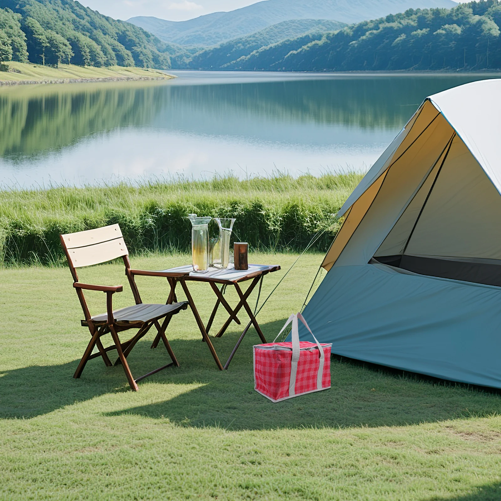 

Picnic Basket Ice Bag Insulated Grocery Shopping Lunch Box Red Oxford Cloth Cooler Tote Travel