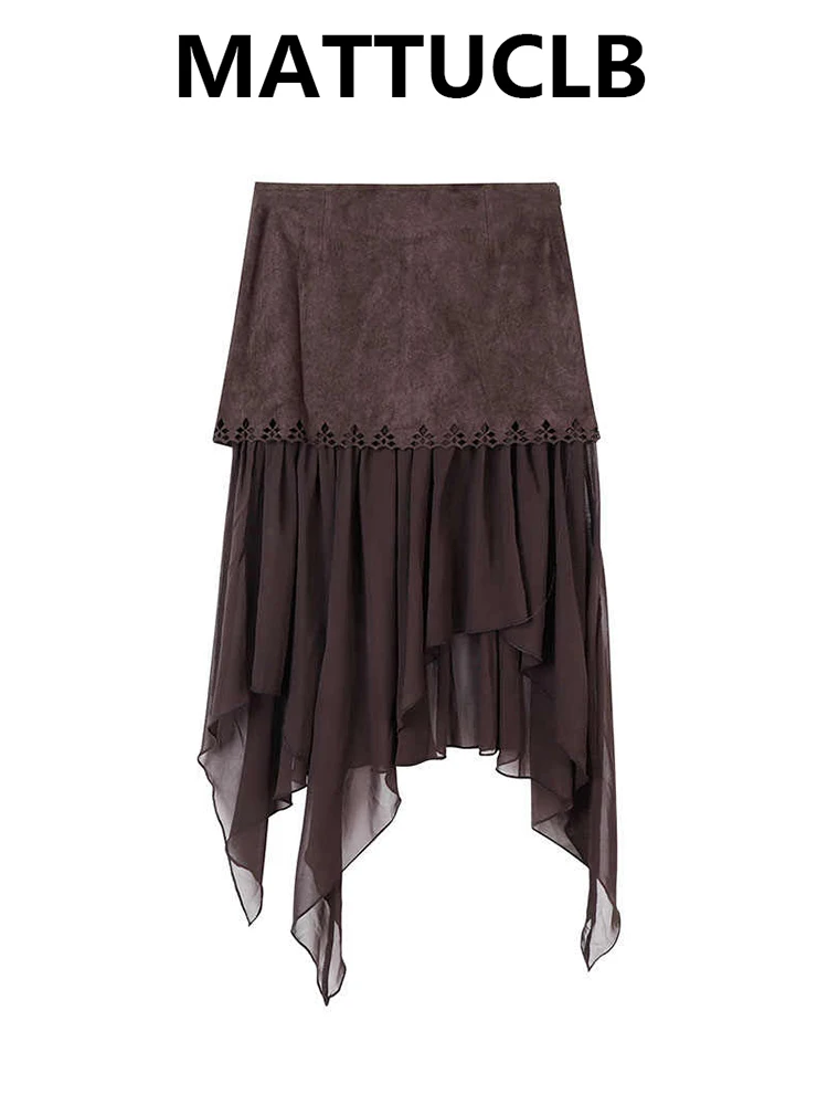 Women's Midi Skirt Patchwork Korean Fashion Irregular Skirt A-line French Vintage Aesthetic 2000s Maillard Evening Party Y2k New