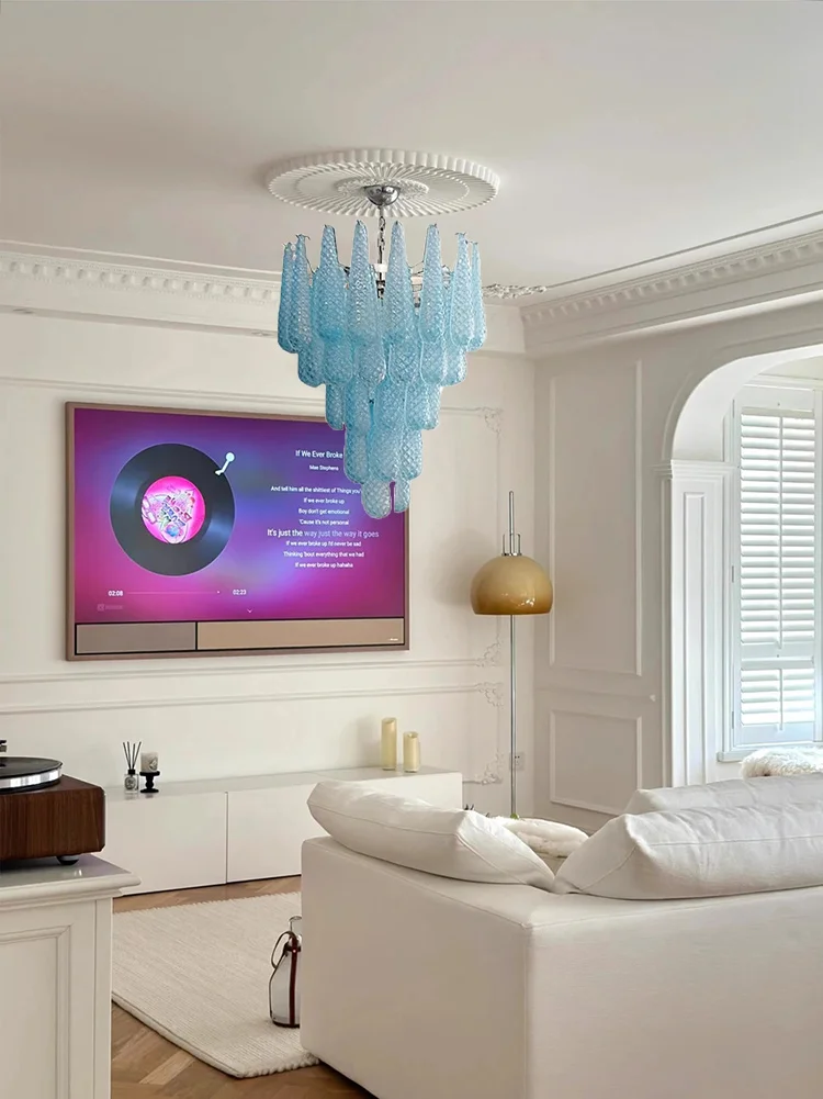 Upgrade Your Home With Exquisite E14 Led Chandeliers Crafted From Blue Glass Dimming Function Hanging Over Living Room
