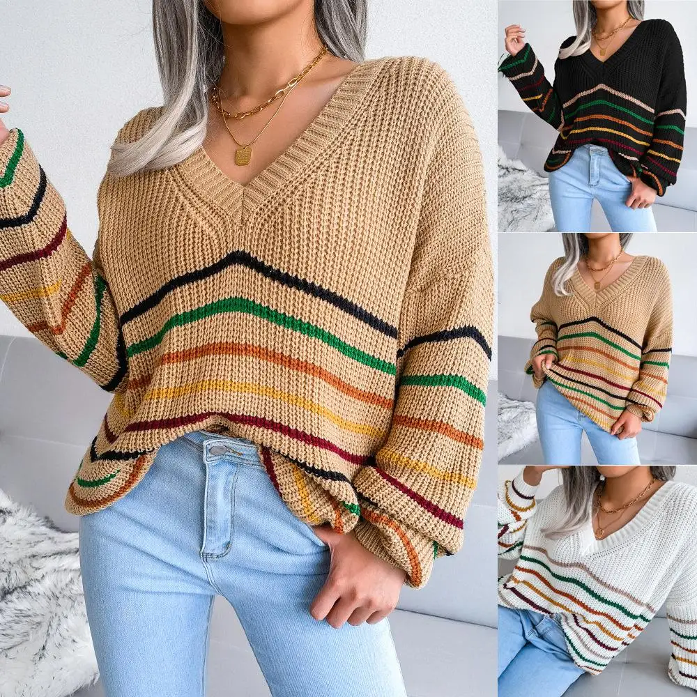 

Loose Casual Rainbow Stripes Sweater Autumn Winter New Sle Wi Independent Station Cross-Border Women's Clothing