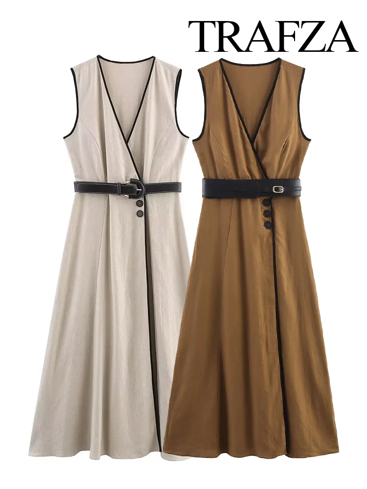

HH Women Summer V-Neck Sleeveless Single-Breasted Belted Blend Open-lined Embellished Dress Female New Fashion Midi Dress