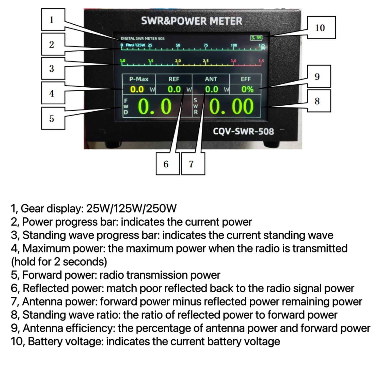 Imagem -05 - Swr Standing Wave Ratio Medidor Cqv-swr508 Ips Touchscreen Dc5v 1a Tipo-c Interface Uhf 4.3in Potência 200w 18 a 54mhz