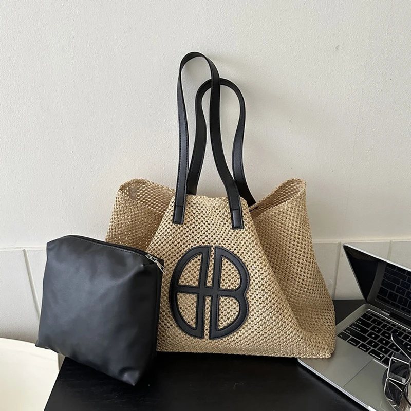 

Народная соломенная сумка-тоут с ветром, модная сумка-тоут Джокер из двух частей, сумка для матери, модная новая женская сумка на плечо, полая сумка