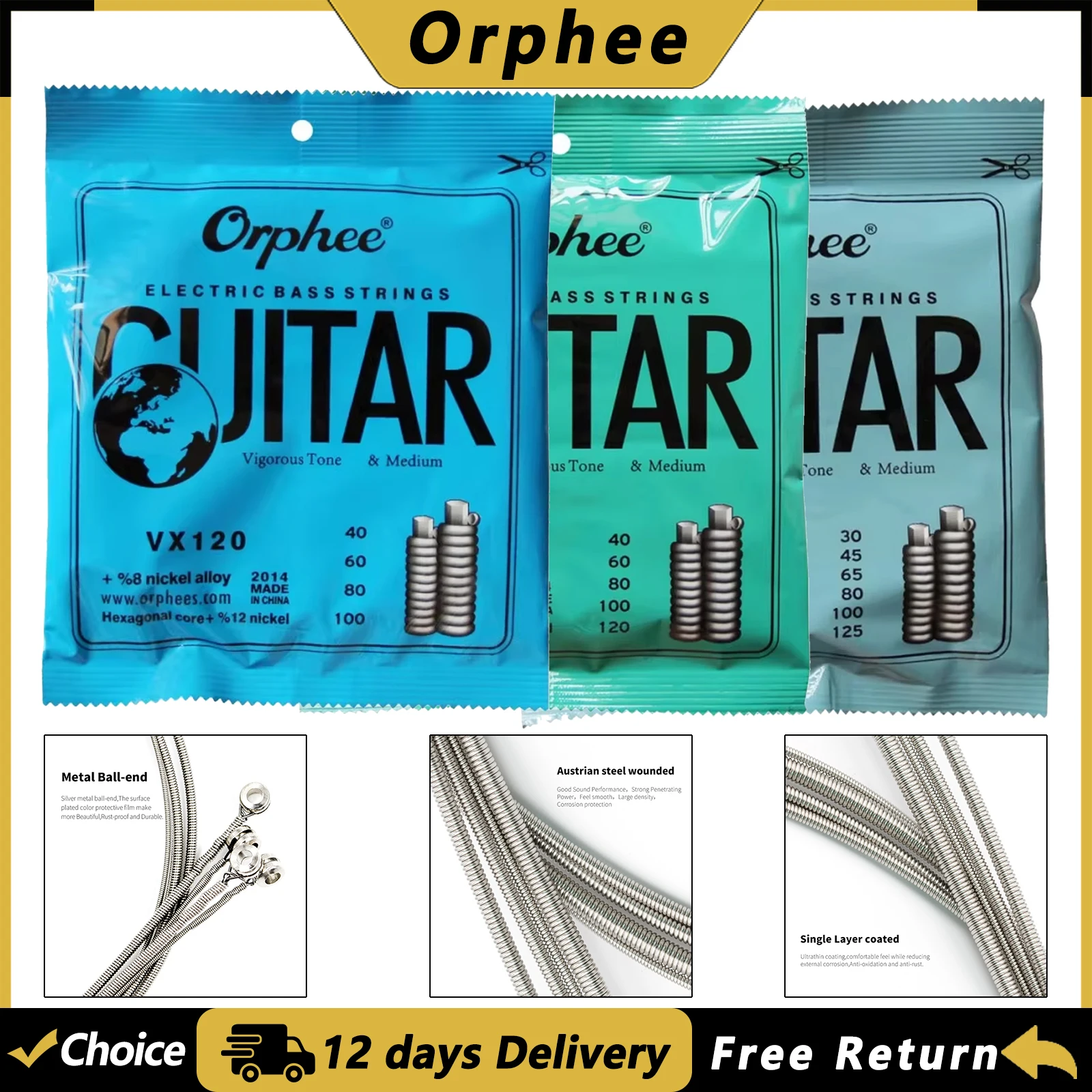 Orphee VX Electric Bass Strings Medium Carbon Steel Hexagonal Core Austenitic Alloy Winding Bass Guitar Parts & Accessories