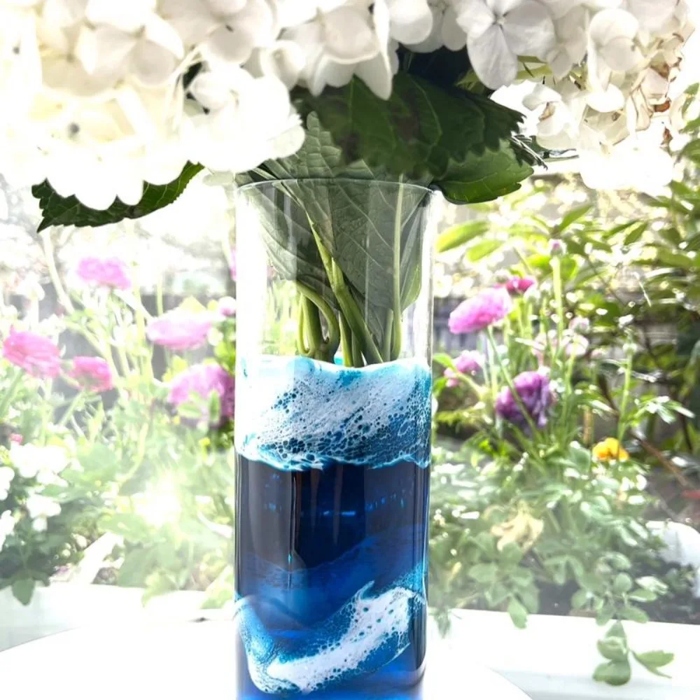 

10 inch tall glass vase ocean inspired painted with resin Freight Free