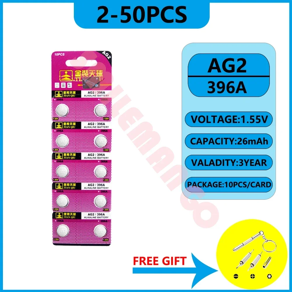 Original TIANQIU 2-50PCS Watch Battery AG2 1.55V 396A SR726W LR726 SR59W SR726 Alkaline Button Coin Cell Batteries for Watches