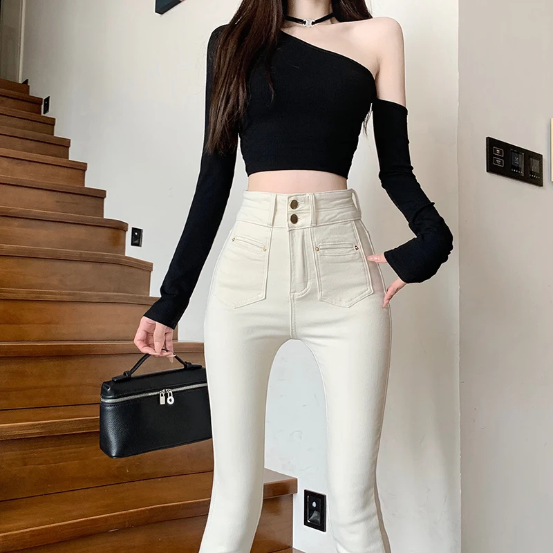 Confortável cintura alta nove peças fino ajuste jeans feminino elástico magro leggings lápis calças de algodão estiramento denim casual wear