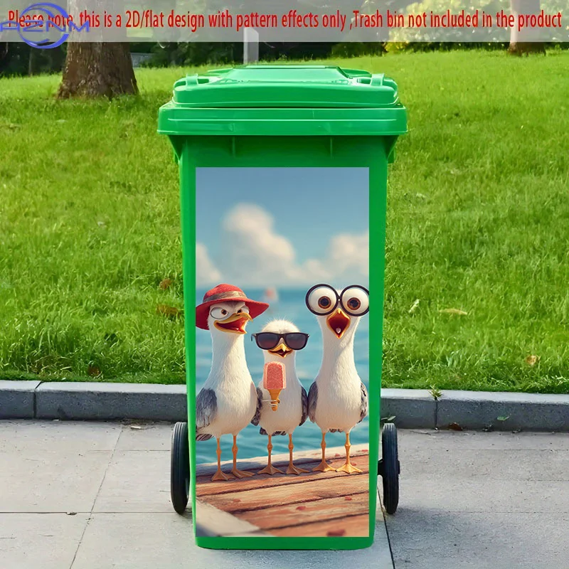 2D Flat Printing] 1pc 2D Pattern Printed Kitchen Trash Can Sticker XCm The Three Little Seagulls Theme Kitchen Home Decoration