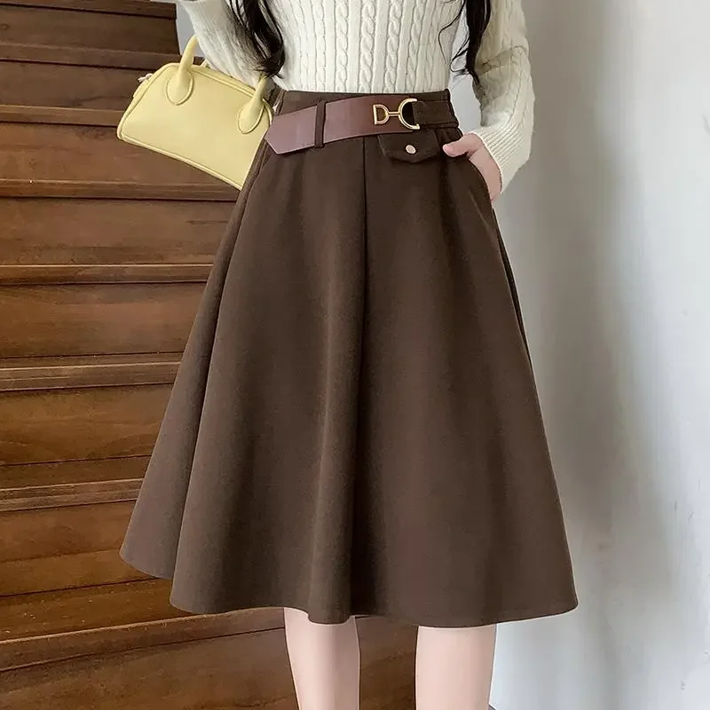 

Women's Wool Blend A-Line Skirt Elegant Large Flare Stretchy High Waist Mid-Length Flowery Autumn Winter Skirts