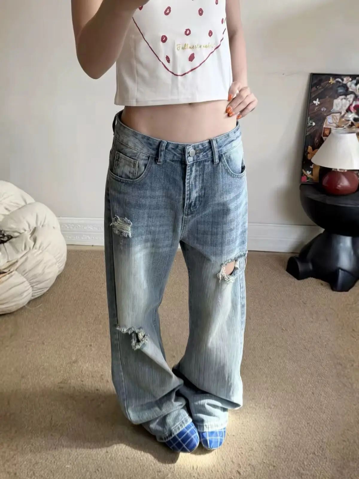Distressed Slub Texture Curved Barrel Straight Wide Leg Jeans Women Retro Loose Cleanfit Streetwear Pants