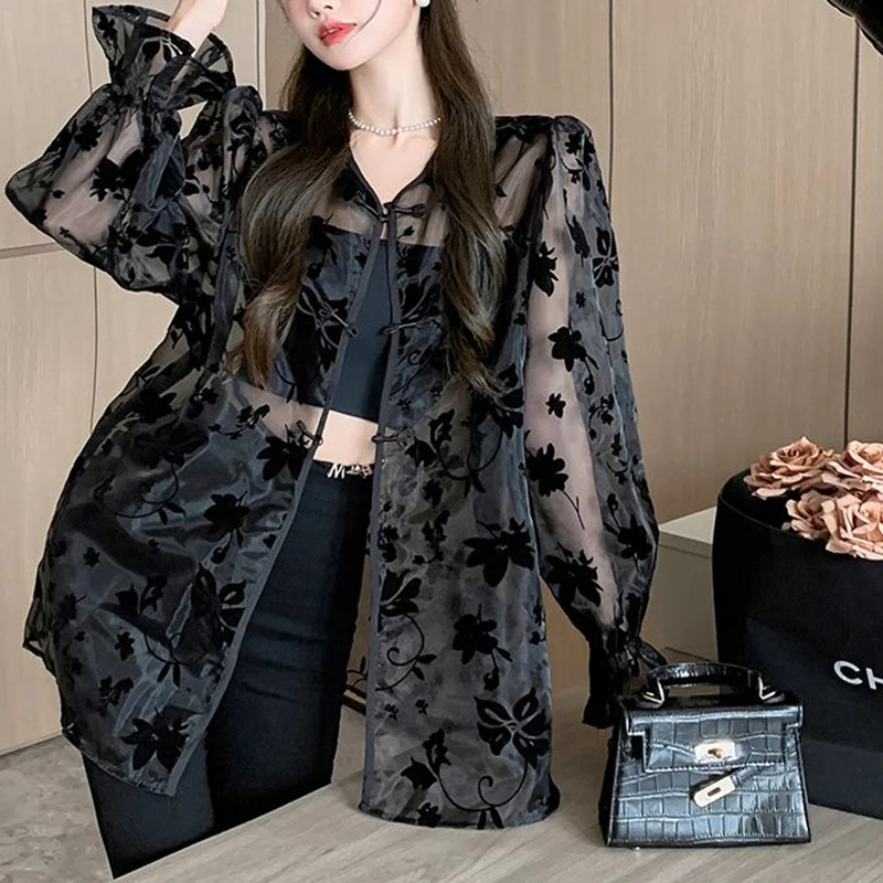 French lace mesh long sleeved shirt for women's summer new design, Korean versatile sun protection cardigan top