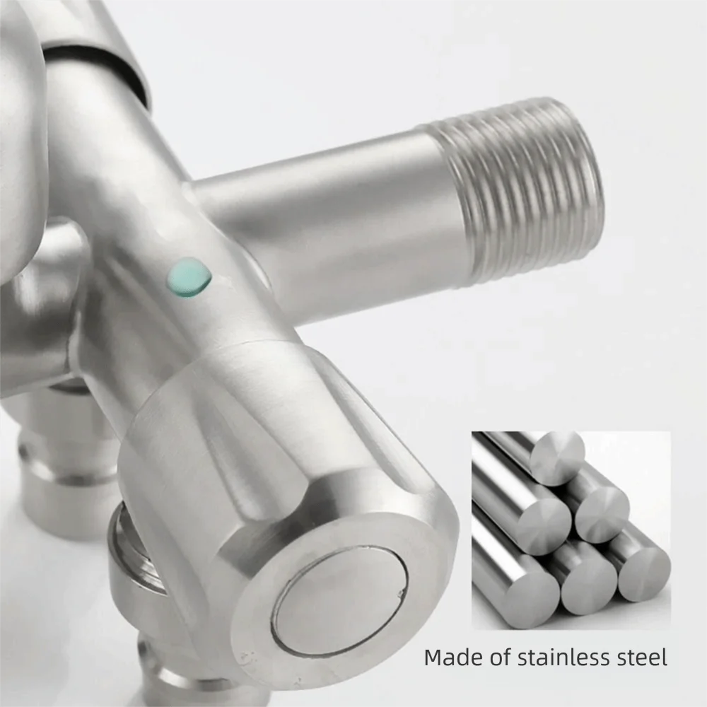 

Кран «один на три» из нержавеющей стали с выходом для стиральной машины и лентой. Трехходовой водопроводный кран. Многофункциональный кран с защитой от утечек.