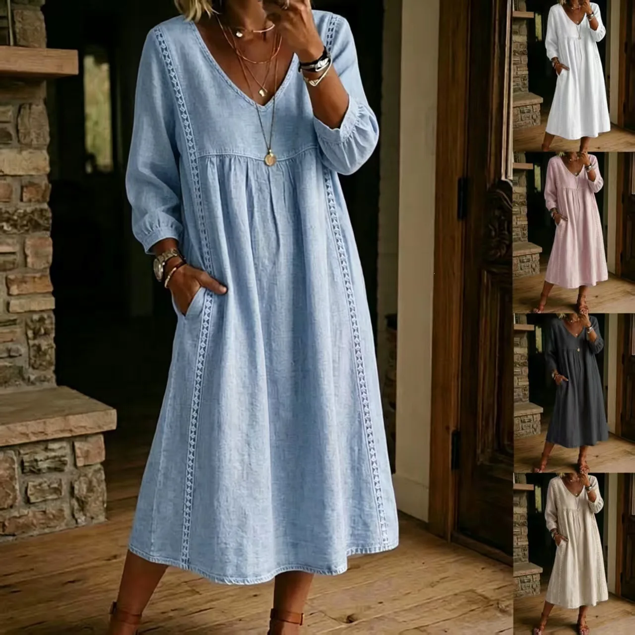 Vintage Solid Color Cotton Linen Dress Women Loose Flowy Midi Dress 3/4 Sleeve V Neck Pocket Casual Daily Vacation Resort Wear L