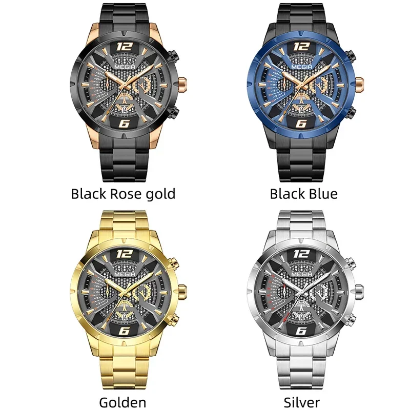 MEGIR Men Dress Quartz Watch Fashion Strap Waterproof Steel Strap Chronograph Analog Wristwatch Male Auto Date Luminous Hands