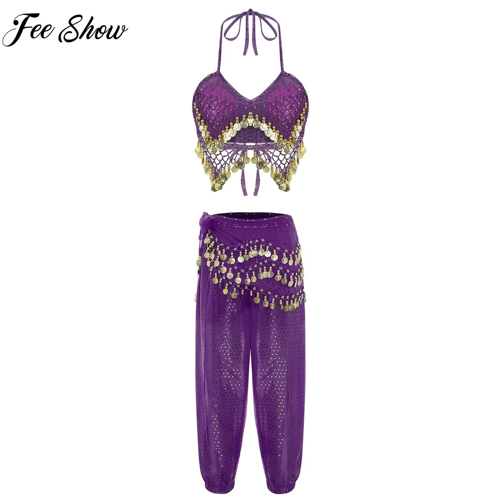 

Fashion Womens Belly Dance Performance Competition Costume Outfit Sequin Mesh Tassel Bra with Layer Bloomers Hip Scarf Pants Set