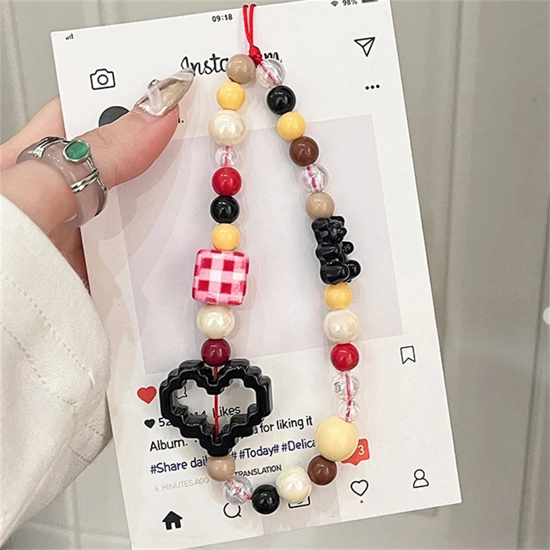 Korea Y2K Cute Love Heart Bear Phone Charm Pendant Keychain For iPhone 16 For Bag Girl Phone Strap Lanyard Chain Keyring Jewelry