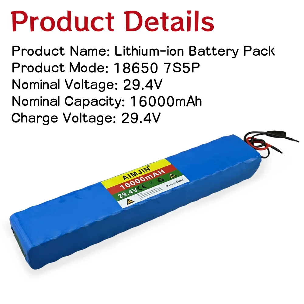 High Power Rechargeable Battery 29.4V 16000mAh 18650 7S5P Lithium-ion Battery Pack Suitable for Electric Bicycles Electric Scoot