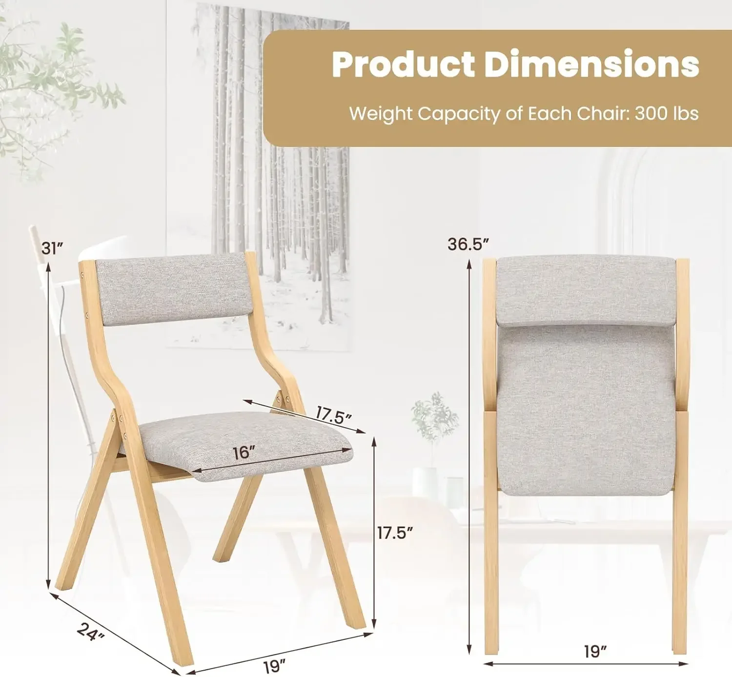 Chaises de Salle à Manger Pliantes en Bois avec Sièges Rembourrés en Lin, Chaises de Cuisine sans Assemblage, PRExtra