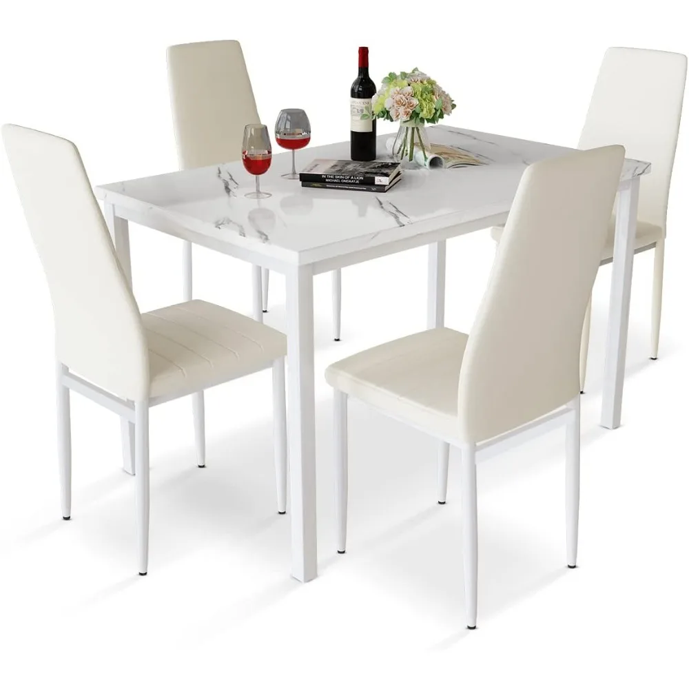 Dining Table Set for 4 Faux Marble Kitchen and Table Chairs Set of 4 Dining Room Table Set with 4 PU Leather