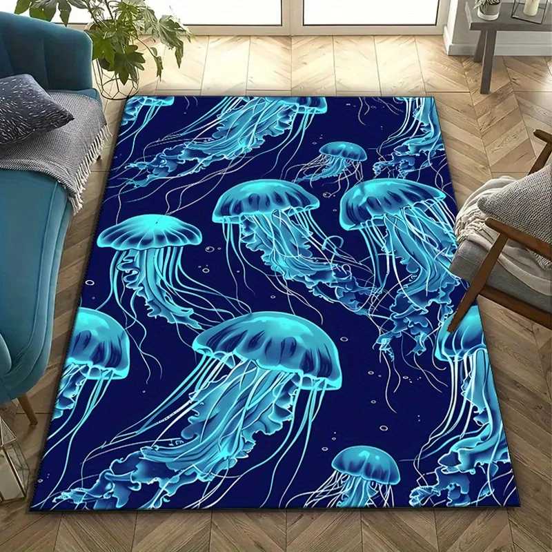 

Плюшевый бархатный коврик с принтом медузы и кристаллами — нескользящий, яркий синий и бирюзовый дизайн, большой размер, идеально подходит для кровати