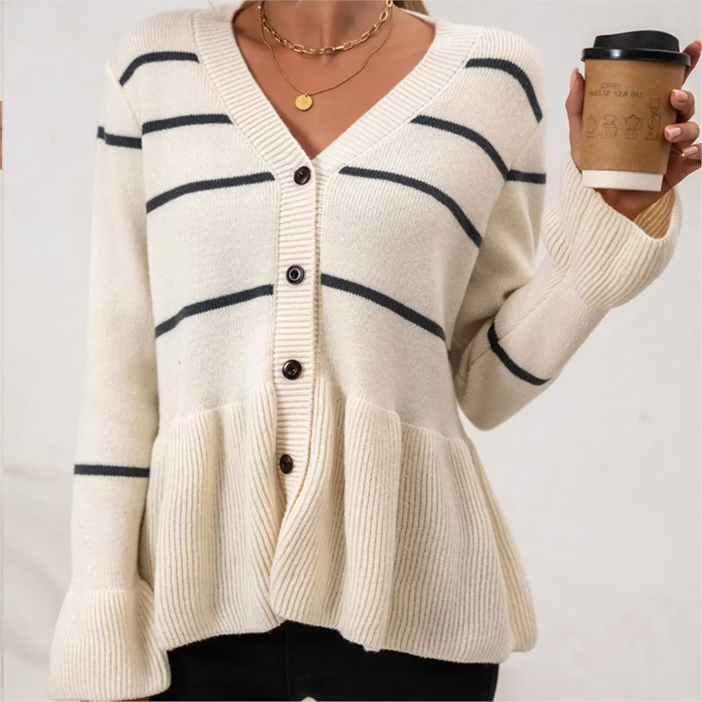 Winter Clothes Woman Pulls Femmes V-neck Striped Loose Knitted Long-sleeved Sweater Cardigan All-match Simple Style Commuting