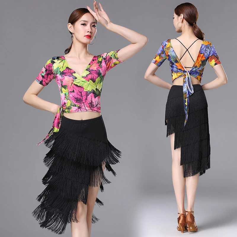 

Customized Sexy Latin Practice Dress with Slanted Edge Tassel Skirt Printed Set Women Adult Training Clothing bellydance skirt