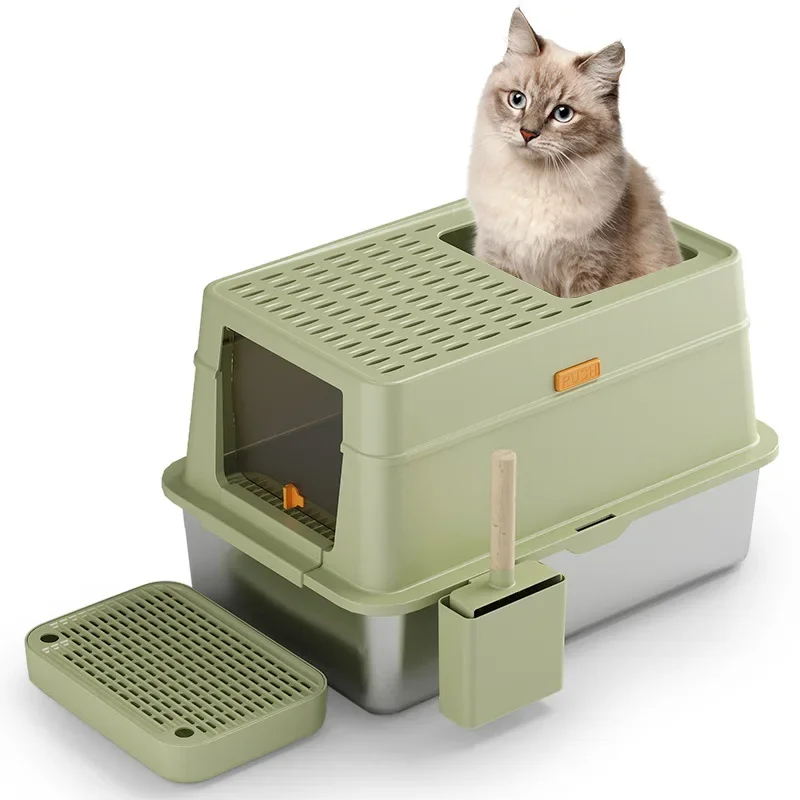 

2024 Pet Litter Box Fully Enclosed Top in Oversized Stainless Steel Cat Toilet Splash Proof Cat Supplies Top Out Cat Litter Box