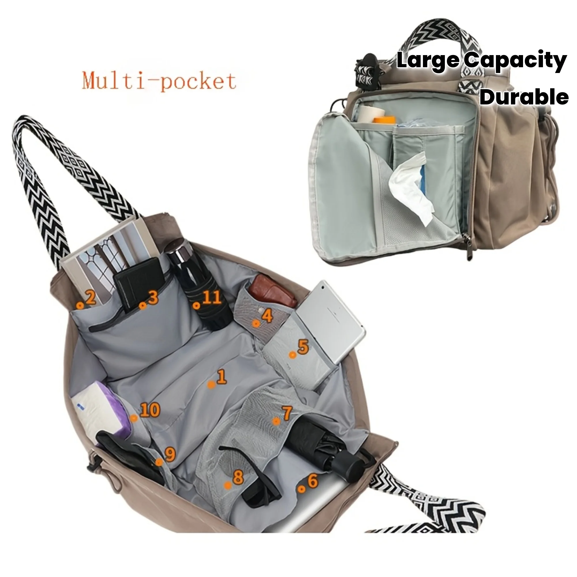 

Large Multi-Pocket Diaper Bag for Women. Durable, Portable & Sturdy. Many compartments & adjustable straps.Khaki/Black.Shop Now!